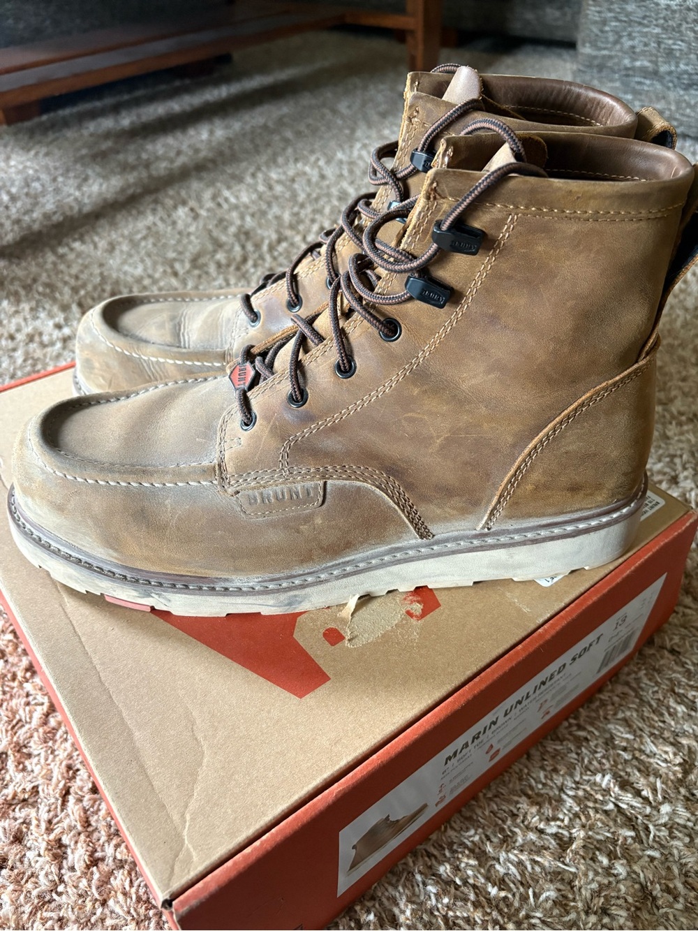 BRUNT Marin Unlined Soft Brown Leather Moc Toe Work Boots - Men's - Picture 5 of 9